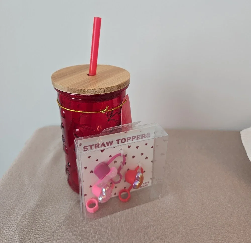Cherry embossed Glass Tumbler with Bamboo Lid & 3‑Piece Straw Topper Set